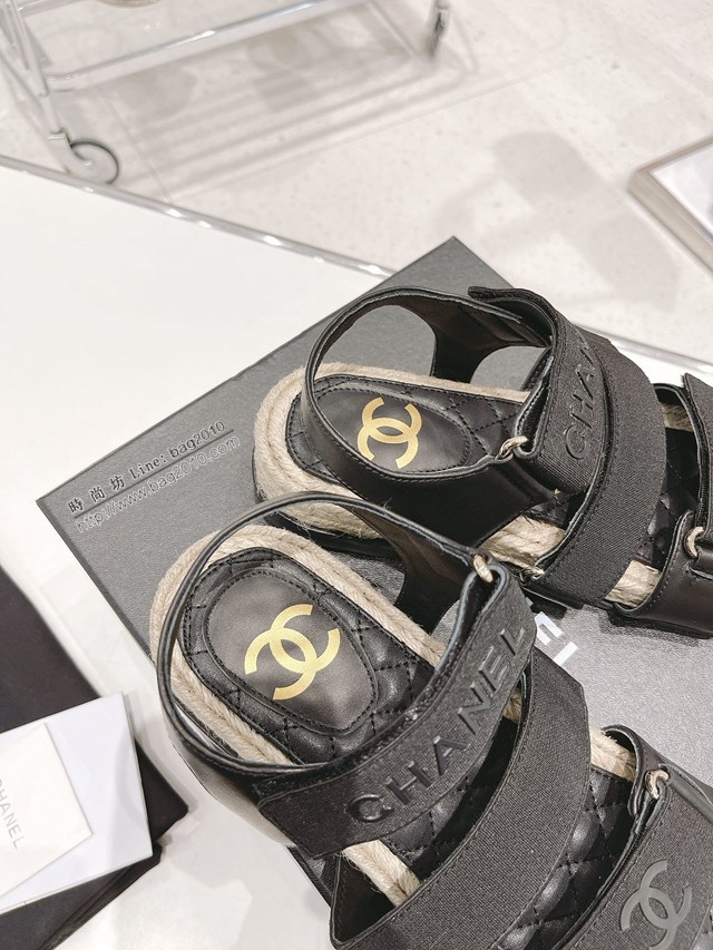 Chanel香奈兒2022春夏最新款打臘麻繩工藝涼鞋 魔術貼女款沙灘涼鞋 dx2660